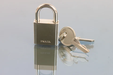 PRADA Silver Brass Metal Padlock Bag Charm Bag Accessories w/2 Keys Used Good Cover