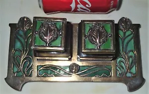 ANTIQUE APOLLO STUDIOS L.C.T. TIFFANY STUDIOS ERA BRONZE ART GLASS INKWELL FRAME - Picture 1 of 11