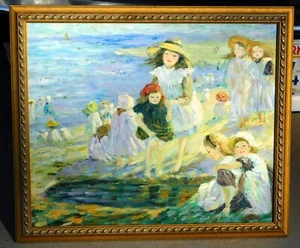 Beach scene with children, oil painting, signed mystery artist, 20 x 24 - Picture 1 of 3