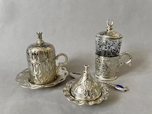 Turkish Gift Coffee Set, Silver Colour Cup, Water/Drink Cup,Delight Bowl w Spoon - Picture 1 of 10