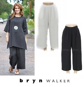 BRYN WALKER PANTALÓN INUNDADO Lino Ligero Bolsillo Pierna Ancha XS S M L XL NEGRO/BLANCO - Imagen 1 de 15