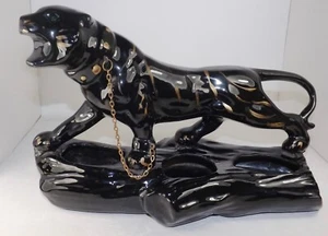 50er Mid Century Keramik Black Panther Übertopf mit grünen Strass Augen & Kette - Bild 1 von 15