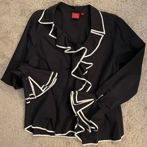 Oscar De La Renta Women’s Flouncy Black Blouse W/ WH Trim Size 16 Runs Sm VTG - Picture 1 of 10