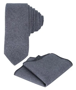 Mens Boys Wedding Herringbone Tweed Grey Slim Tie & Pocket Square Set - Picture 1 of 6