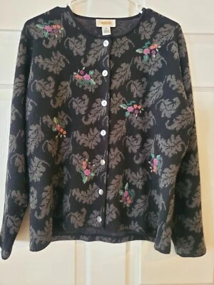 Cárdigan para mujer Talbots mediano floral bordado mezcla de lana abotonado negro gris Foto 1 de 4
