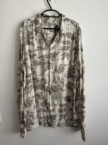 AllSaints Shirt Mens XL Beige Birch Hawaiian Top Leaf Pattern Long Sleeve BNWT - Picture 1 of 5