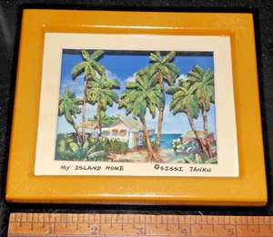 Tropical Painting In Wooden Shadow Box Signed Sissi Janku  My Island Home - Picture 1 of 3