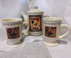 Vintage Tea Pot With Lid + 2 Pedestal Cups Cottagecore Rooster Bay Island Inc.  - Picture 1 of 24