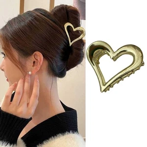 Gold Heart Valentines Day Hair Claw Clip Metal Thick Hair Accessories Gift - Picture 1 of 6