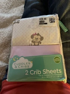 Cuddles And Cribs Stand Crib Sheets 2 Pack Pink Dot Monkey / Pink Solid New - Picture 1 of 2