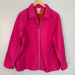 Quacker Factory Quilted Jacket 1X Pink 100% Silk Rhinestone Full-Zip Women's - Picture 1 of 11