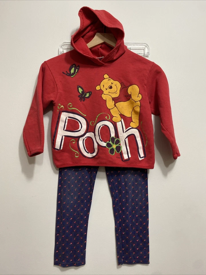 老式迪士尼小熊维尼 2 件连帽衫红色图形 + Sweats 蓝色/红色 M 7/8 — 第 1/4 张图片