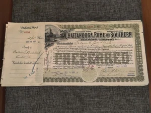 RARE Chattanooga Rome & Southern Railroad Co. Stock Certificate Issued 1897 - Picture 1 of 5