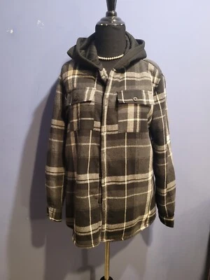 Camisa chaqueta de franela con capucha forrada Sherpa juvenil XL 18 negra a cuadros ropa de trabajo estilo Foto 1 de 4