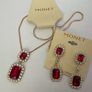 Monet Gold Tone & Red Rhinestone Necklace & Dangle Earrings Set Statement Glam - Picture 1 of 13