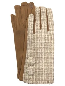 Womens White & Tan Plaid Button Stretch Fit Texting & Tech Touchscreen Gloves - Picture 1 of 2