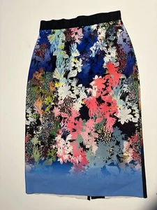 Milly Womens Multicolor Floral Straight Pencil Midi Skirt Back Slit Sz 8 - Picture 1 of 10
