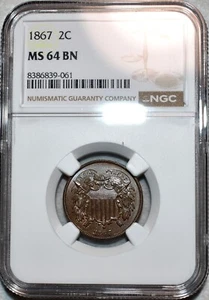 NGC MS-64 BN 1867 Two Cent Piece, Blazing, Razor-Sharp specimen! - Picture 1 of 2