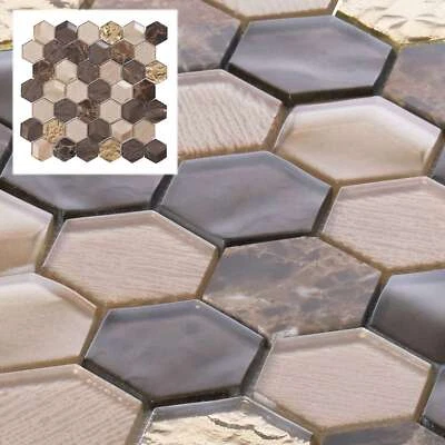 Salpicadero hexagonal Emperador mármol metálico marrón dorado beige vidrio mosaico azulejo Foto 1 de 4