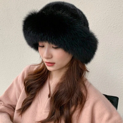 Sombrero de piel de visón real para mujer Sombrero de bombín Sombrero cálido Gorros Gorra de esquí con ala de piel de zorro Foto 1 de 4