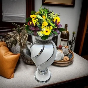 Spiral Crushed Diamond Ceramic Flower Vase White Marble Vase, Elegant Sparkle - Picture 1 of 9