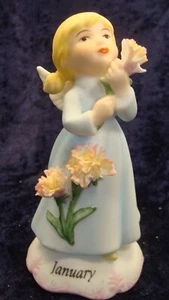 JANUARY PORCELAIN ANGEL ~ With Flowers Looking At The Sky ~ 4.25”~ VGC ~ - Picture 1 of 6