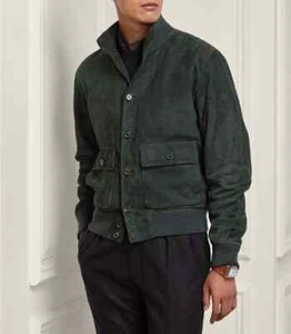 Chaqueta de cuero de gamuza verde para hombre Chaqueta de vuelo/bombardero de gamuza pura hecha a medida - Imagen 1 de 9