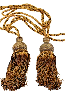 Borla de madera tallada trenzada dorada/negra con tirantes para cortinas 2 piezas Foto 1 de 4