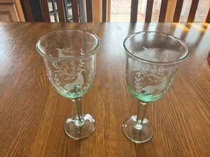 Vintage Frosted Deer Since green tinted glass Goblets 9.5 " - Picture 1 of 2