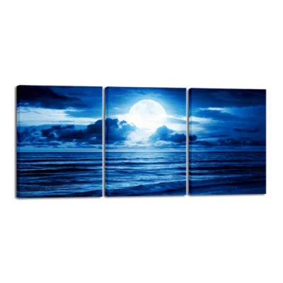 Modern 3 Panels Blue Clouds Landscape Canvas Prints Moon Sea Beach Wall Art - Image 1 of 3
