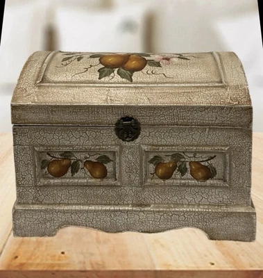 Shabby Chic Wood Trunk Treasure Chest Distressed Pear Design Decor 10x14x8” - Image 1 of 4