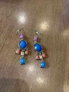 Fashion Jewlery Dangle Earrings Multicolor Stones Gold Tone Blue Peach Yellow - Picture 1 of 4