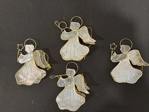 VTG 4 Capiz Shell Gold Tone Wire Angels Playing Instruments Christmas Ornaments - Picture 1 of 5