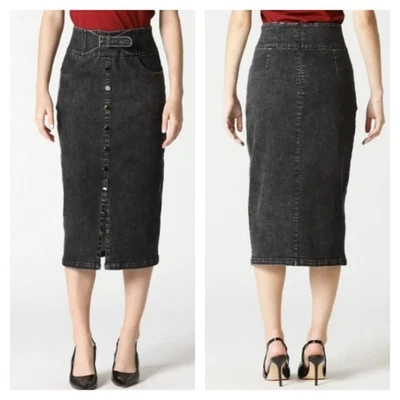 Gracia Womens S Long Denim Button Front Belted Midi Pencil Skirt Black Wash - Image 1 of 4