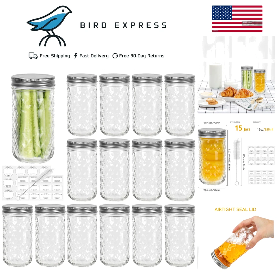 Банки для консервирования Mason 12 унций банки для желе с обычными крышками идеально подходят для Jam15 УПАКОВКА - Изображение 1 из 4