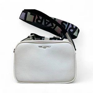 Karl Lagerfeld MAYBELLE Faux Leather Web Crossbody Strap Camera Bag Purse WHITe - Picture 1 of 9