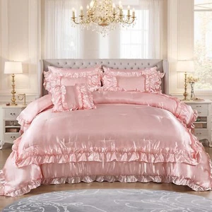 MOVE OVER 8 Pieces Pink Satin Comforter Set Queen Size Bed in a Bag Silky - Picture 1 of 7