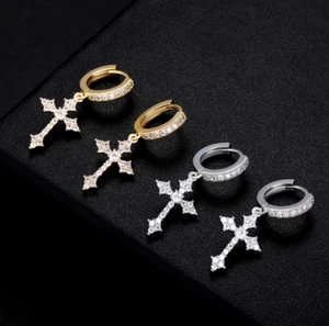 Women Men Silver Gold CZ Dangle Religious Cross Hoop Huggie Earrings 16mm PE37 - Picture 1 of 12