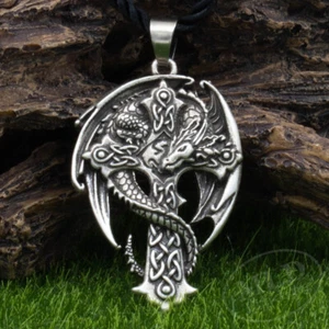 Celtic Cross Dragon Guardian Amulet Pendant Necklace Antique Silver Norse Viking - Picture 1 of 12