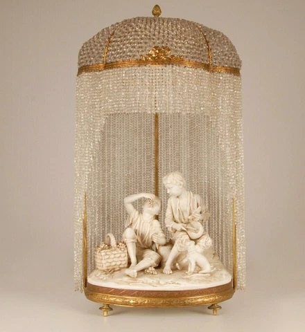 Antique French Victorian bronze crystal beaded lamp porcelain figurine sculpture Cover