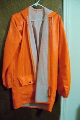 Preowned Men's Orange Long Sleeve Hooded Outdoor Vinyl Rain Jacket Size M or L - Image 1 of 3