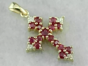 3Ct Round Cut Simulated Red Ruby Women's Cross Pendant 14k Yellow Gold Plated - Picture 1 of 4