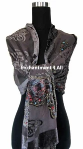 Handmade Beaded Butterfly 100% Silk Velvet Scarf Shawl, Gray - Picture 1 of 6