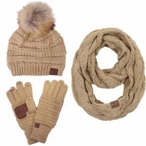 C.C 3pc Winter Warm Ribbed Knit Stretch Pom Pom Beanie Gloves and Scarves Set