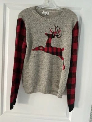 女士驯鹿毛衣 ~ 格子和灰色毛衣假日、圣诞节、冬季。 M 码 — 第 1/4 张图片