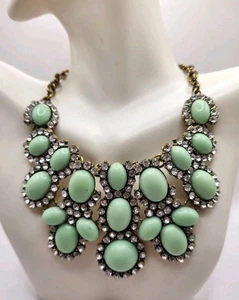 16" Vtg J Crew Rhinestone & Mint Green Cabochon Statement Choker Bib Necklace - Picture 1 of 6