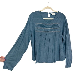 Wrap London Blouse Womens 14 blue Pleated Long Sleeve 100% Linen Peasant Top - Picture 1 of 12