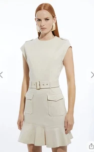 KAREN MILLEN Size Small (8/10/12) BNWT. JERSEY STRETCH FRILL HEM CREAM DRESS - Picture 1 of 17