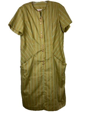 L XL CUTE  50s Avocado Khaki Green Blue Stripe House Hostess Dress Pockets - Image 1 of 4