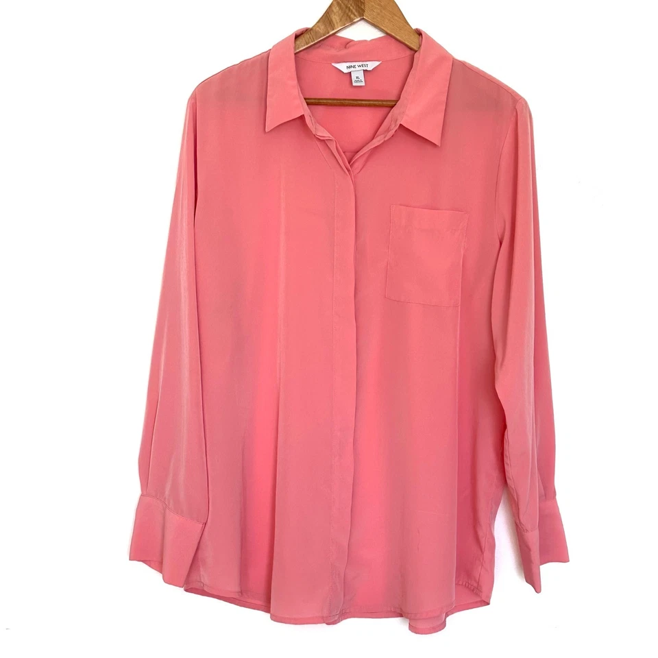 Nine West Shirt Women's XL Coral Pink Long Sleeve Button Up Pocket Collar Top - Image 1 of 4